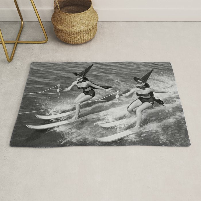 WaterSkiing Witches, Halloween, Black and White Vintage Art Rug Gallery Image 1