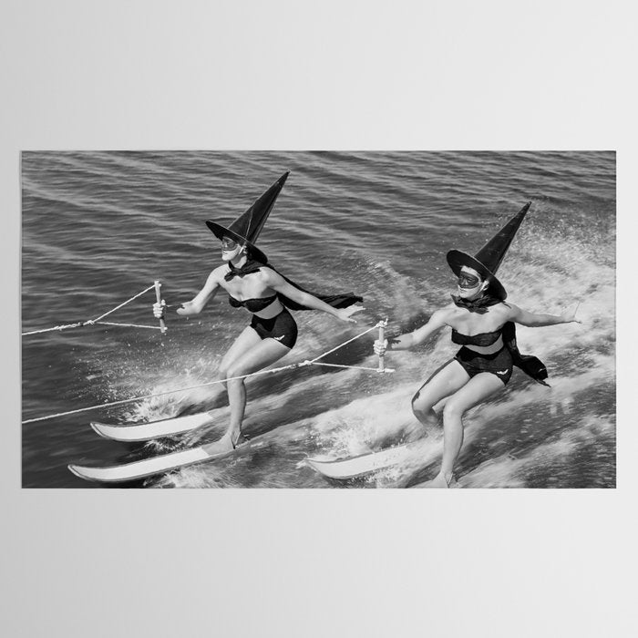 WaterSkiing Witches, Halloween, Black and White Vintage Art Tablecloth Gallery Image 2