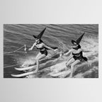 WaterSkiing Witches, Halloween, Black and White Vintage Art Tablecloth Gallery Image 2