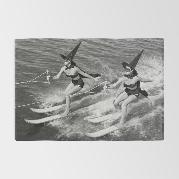 WaterSkiing Witches, Halloween, Black and White Vintage Art Rug Gallery Image 2