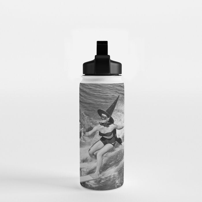 WaterSkiing Witches, Halloween, Black and White Vintage Art Water Bottle Gallery Image 2