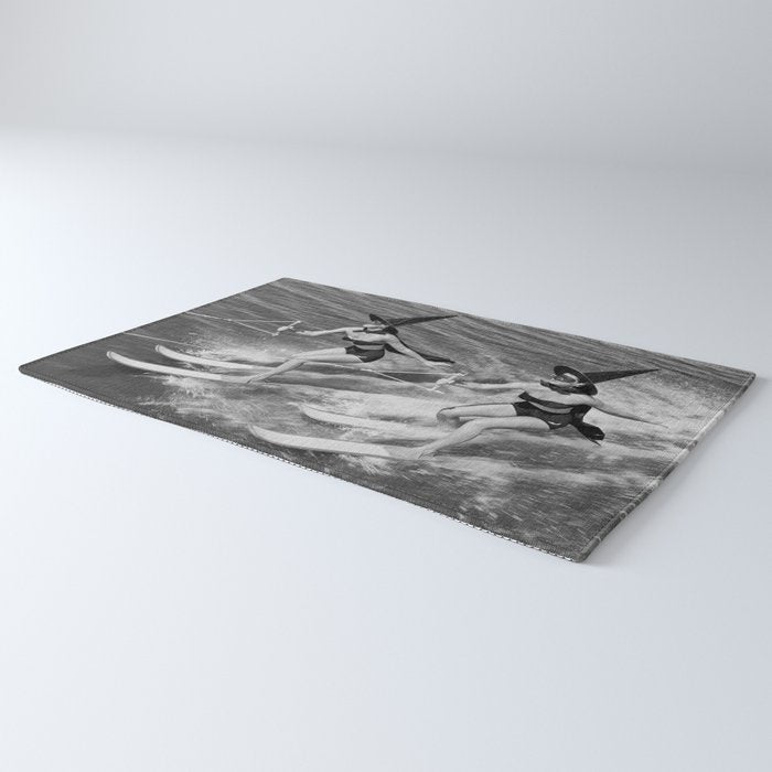 WaterSkiing Witches, Halloween, Black and White Vintage Art Rug Gallery Image 3