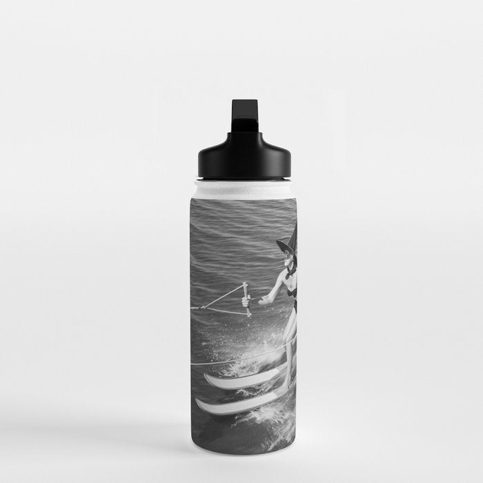 WaterSkiing Witches, Halloween, Black and White Vintage Art Water Bottle Gallery Image 3