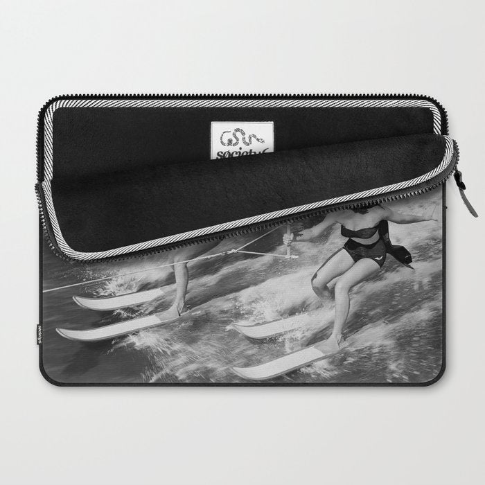 WaterSkiing Witches, Halloween, Black and White Vintage Art Laptop Sleeve Gallery Image 2