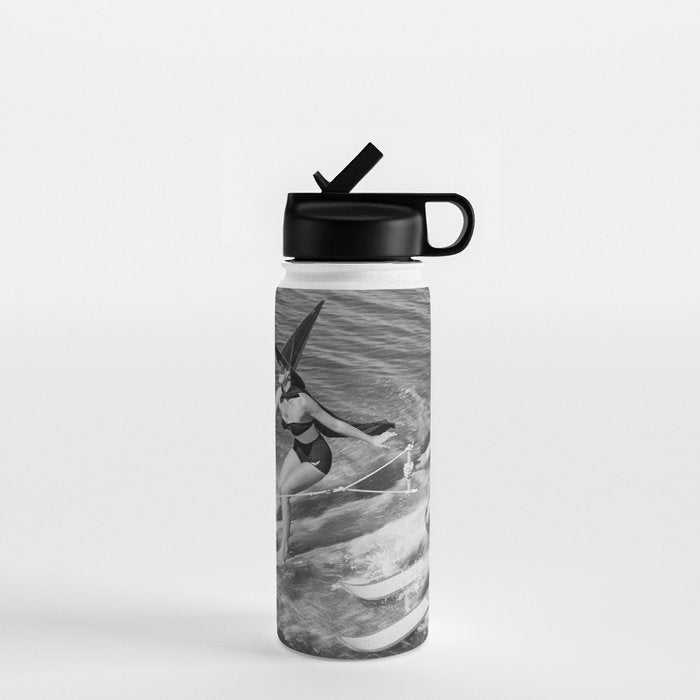 WaterSkiing Witches, Halloween, Black and White Vintage Art Water Bottle Gallery Image 1