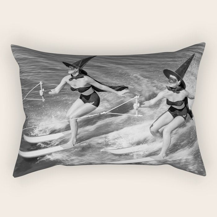 WaterSkiing Witches, Halloween, Black and White Vintage Art Rectangular Pillow Gallery Image 2