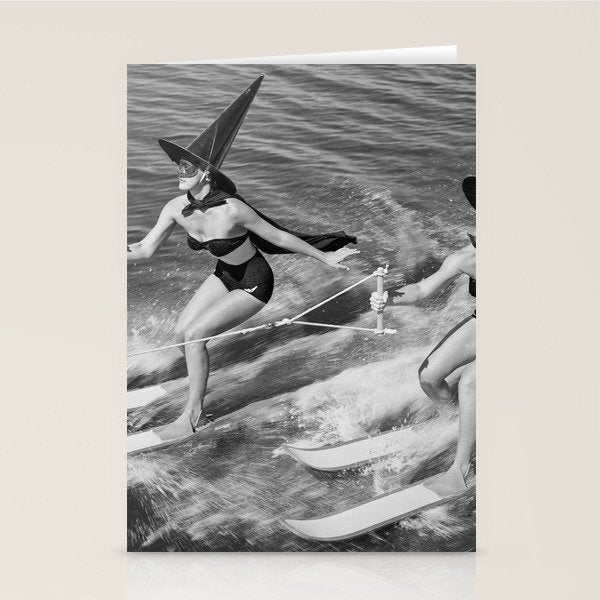 WaterSkiing Witches, Halloween, Black and White Vintage Art Stationery Card Gallery Image 2