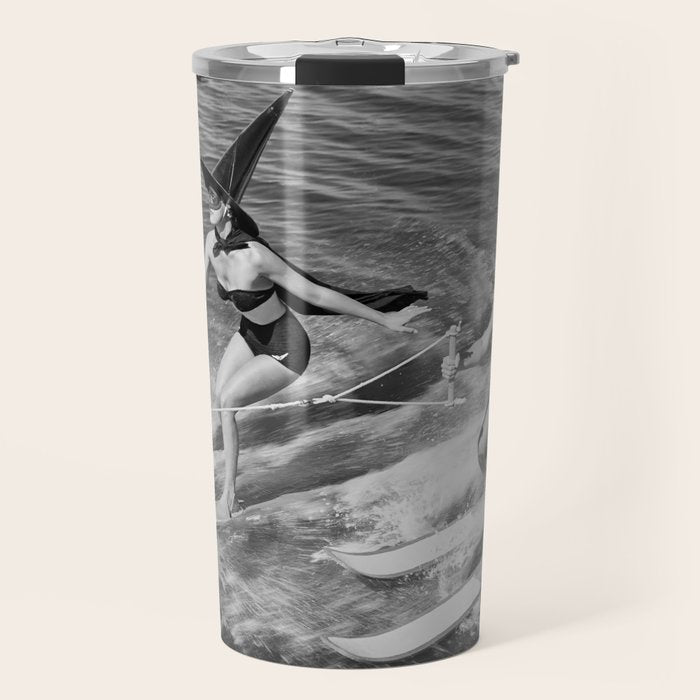 WaterSkiing Witches, Halloween, Black and White Vintage Art Travel Mug Gallery Image 1