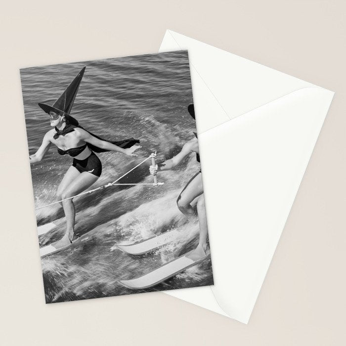 WaterSkiing Witches, Halloween, Black and White Vintage Art Stationery Card Gallery Image 2