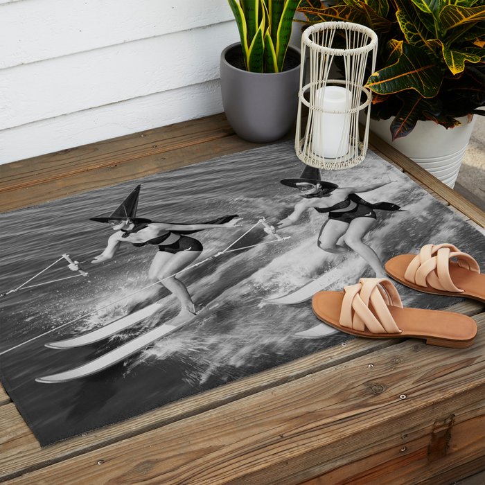WaterSkiing Witches, Halloween, Black and White Vintage Art Outdoor Rug Gallery Image 2