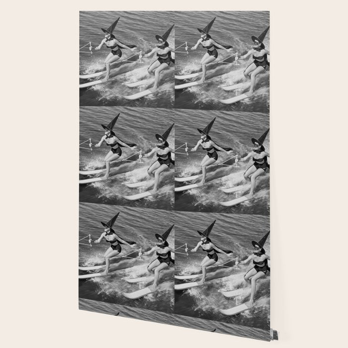 WaterSkiing Witches, Halloween, Black and White Vintage Art Wallpaper Gallery Image 2
