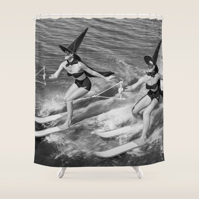 WaterSkiing Witches, Halloween, Black and White Vintage Art Shower Curtain Gallery Image 1