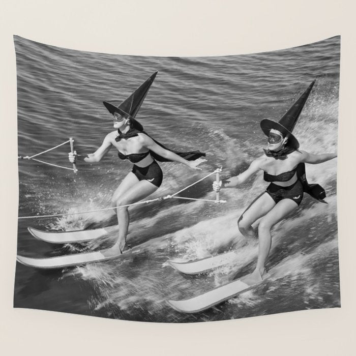 WaterSkiing Witches, Halloween, Black and White Vintage Art Wall Tapestry Gallery Image 4