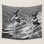 WaterSkiing Witches, Halloween, Black and White Vintage Art Wall Tapestry Gallery Image 4