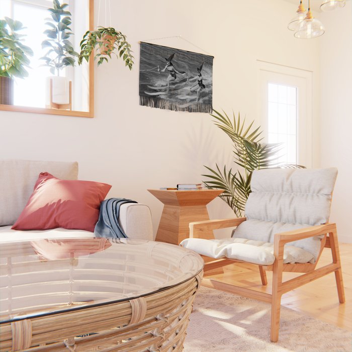 WaterSkiing Witches, Halloween, Black and White Vintage Art Wall Hanging Gallery Image 2