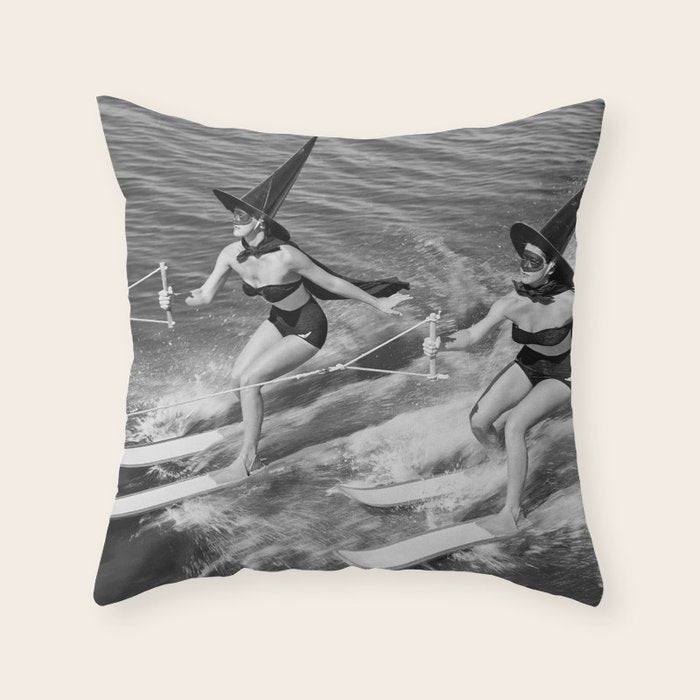 WaterSkiing Witches, Halloween, Black and White Vintage Art Throw Pillow Gallery Image 1