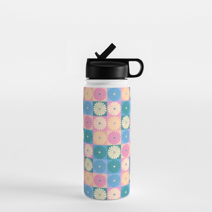 Retro Flowers Check Pattern XXIII Water Bottle Gallery Image 1