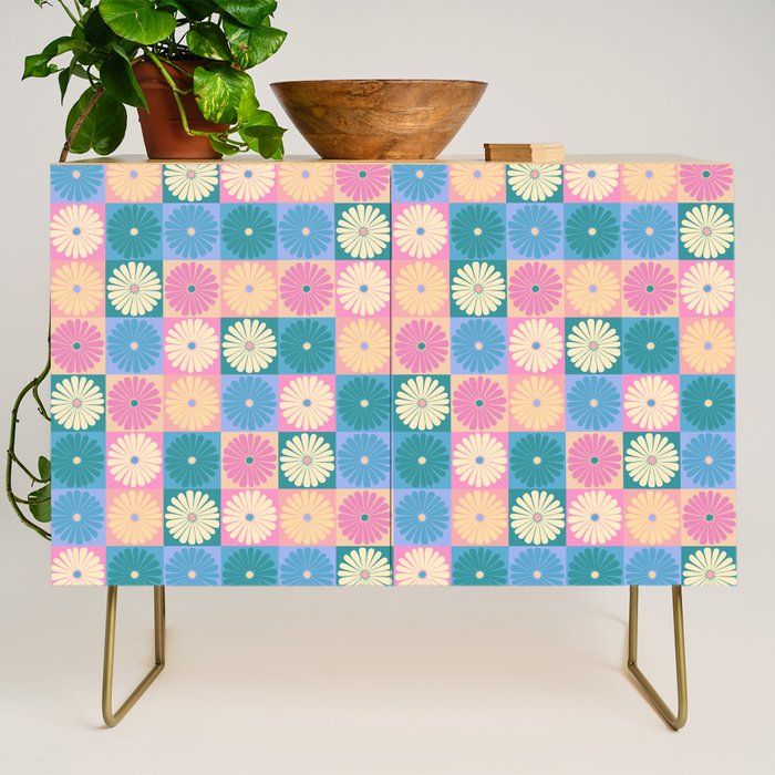 Retro Flowers Check Pattern XXIII Credenza Gallery Image 1