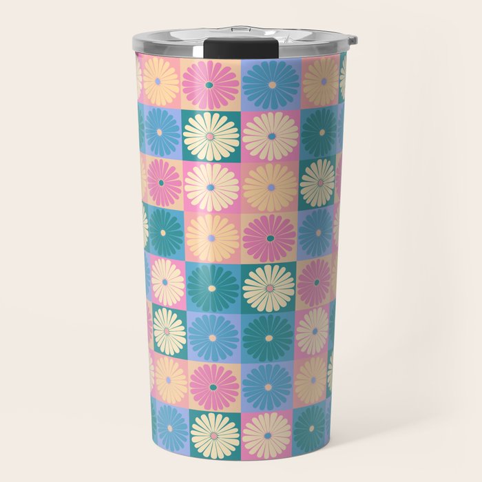 Retro Flowers Check Pattern XXIII Travel Mug Gallery Image 1