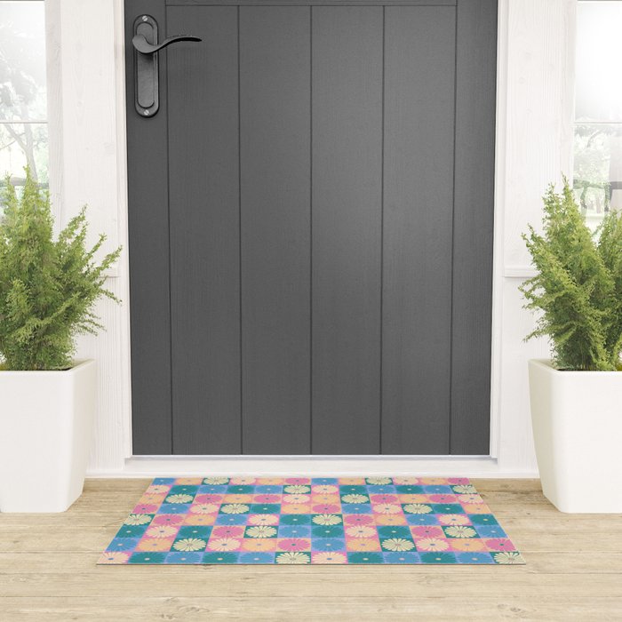 Retro Flowers Check Pattern XXIII Welcome Mat Gallery Image 3