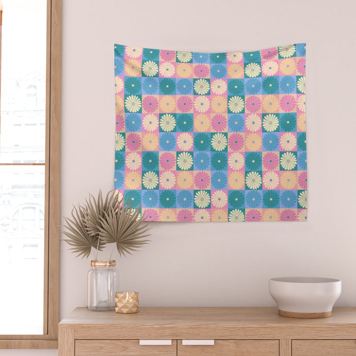 Retro Flowers Check Pattern XXIII Wall Tapestry Gallery Image 2