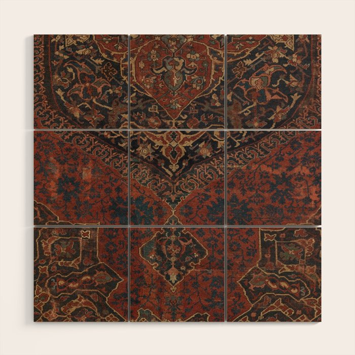 Boho Chic Dark VII // 17th Century Colorful Medallion Red Blue Green Brown Ornate Accent Rug Pattern Wood Wall Art Gallery Image 1