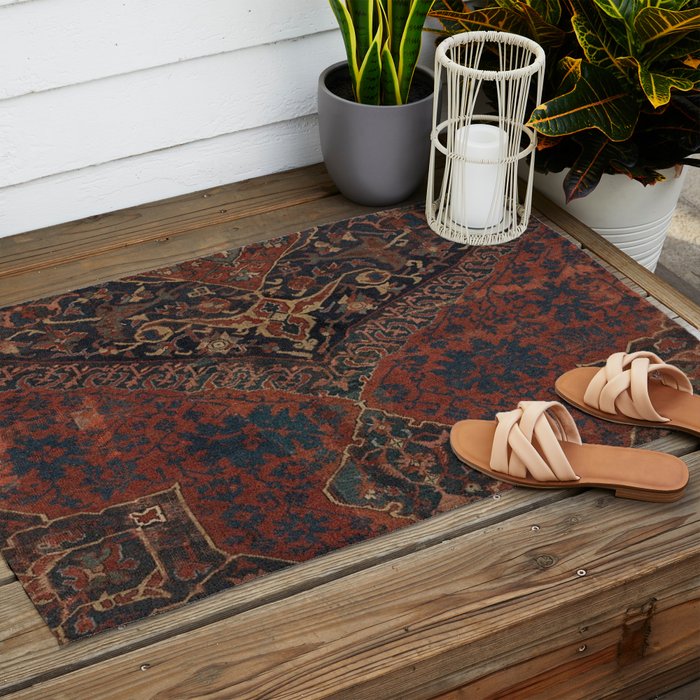 Boho Chic Dark VII // 17th Century Colorful Medallion Red Blue Green Brown Ornate Accent Rug Pattern Outdoor Rug Gallery Image 2