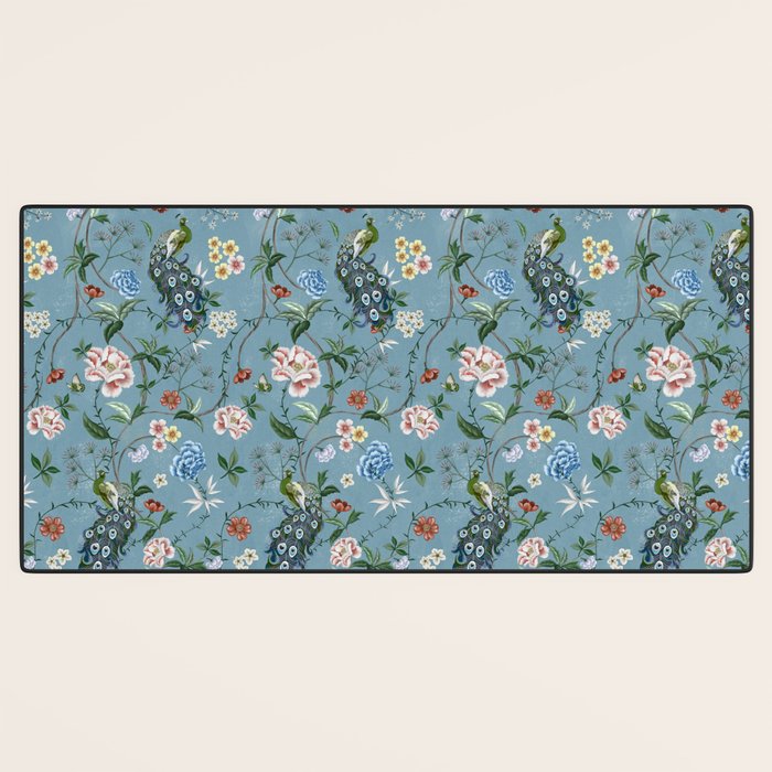 Chinoiserie Peacock teal greens florals oriental Desk Mat Gallery Image 3