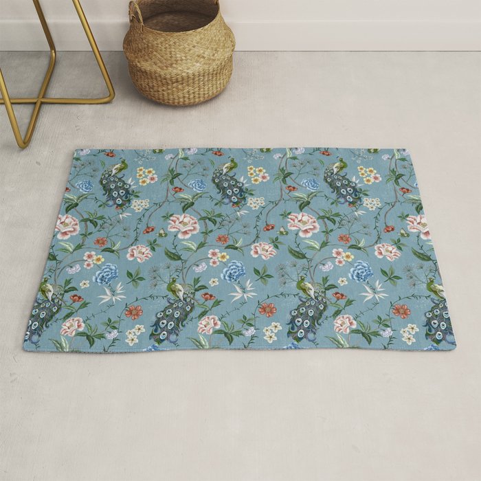 Chinoiserie Peacock teal greens florals oriental Rug Gallery Image 1