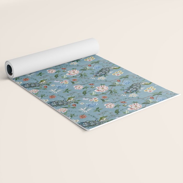 Chinoiserie Peacock teal greens florals oriental Yoga Mat Gallery Image 2