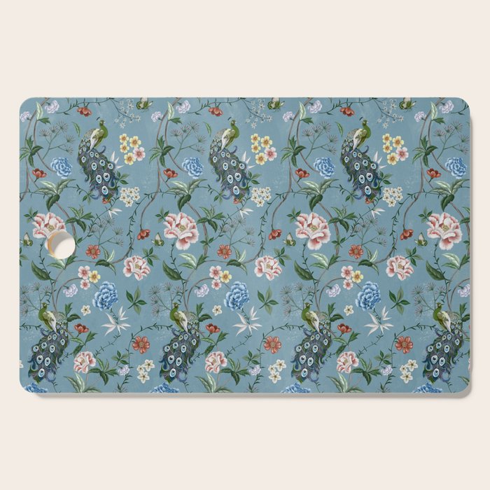 Chinoiserie Peacock teal greens florals oriental Cutting Board Gallery Image 1