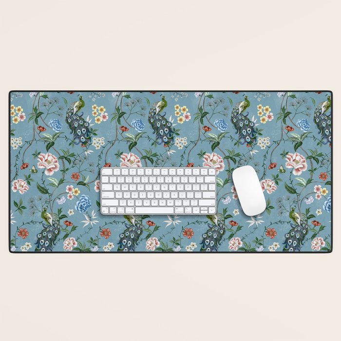 Chinoiserie Peacock teal greens florals oriental Desk Mat Gallery Image 1