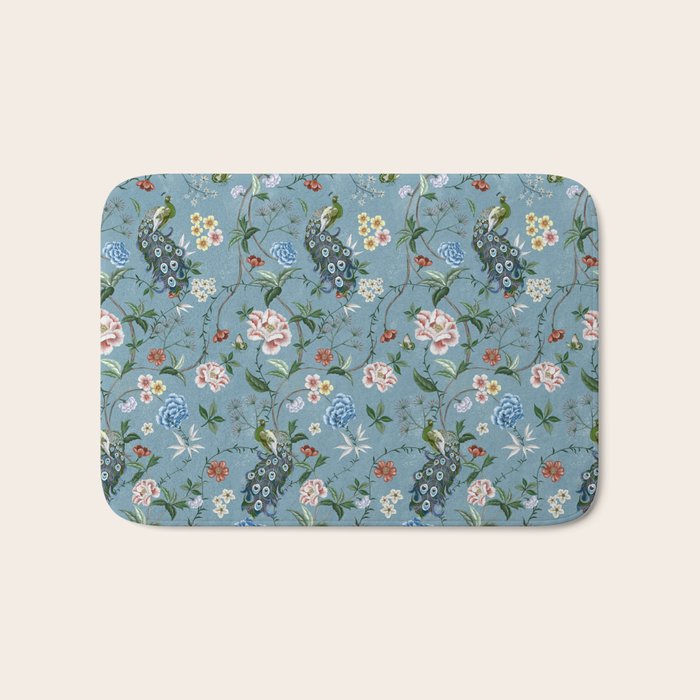 Chinoiserie Peacock teal greens florals oriental Bath Mat Gallery Image 1