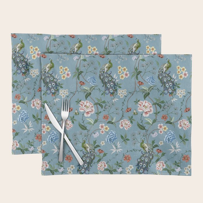 Chinoiserie Peacock teal greens florals oriental Placemat Gallery Image 1