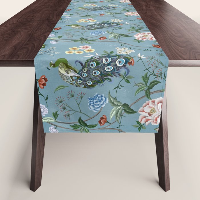 Chinoiserie Peacock teal greens florals oriental Table Runner Gallery Image 1