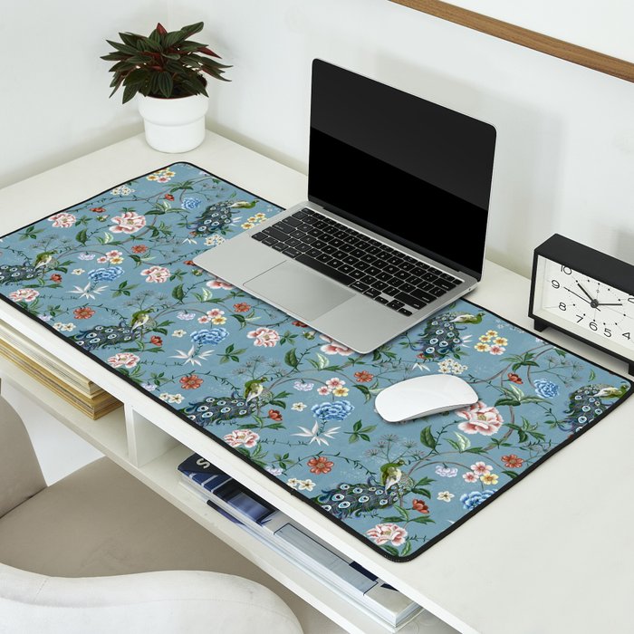 Chinoiserie Peacock teal greens florals oriental Desk Mat Gallery Image 2