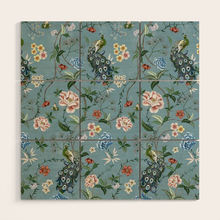 Chinoiserie Peacock teal greens florals oriental Wood Wall Art Gallery Image 1
