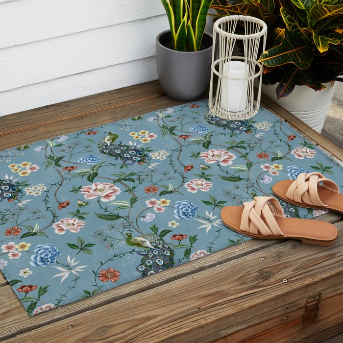 Chinoiserie Peacock teal greens florals oriental Outdoor Rug Gallery Image 2