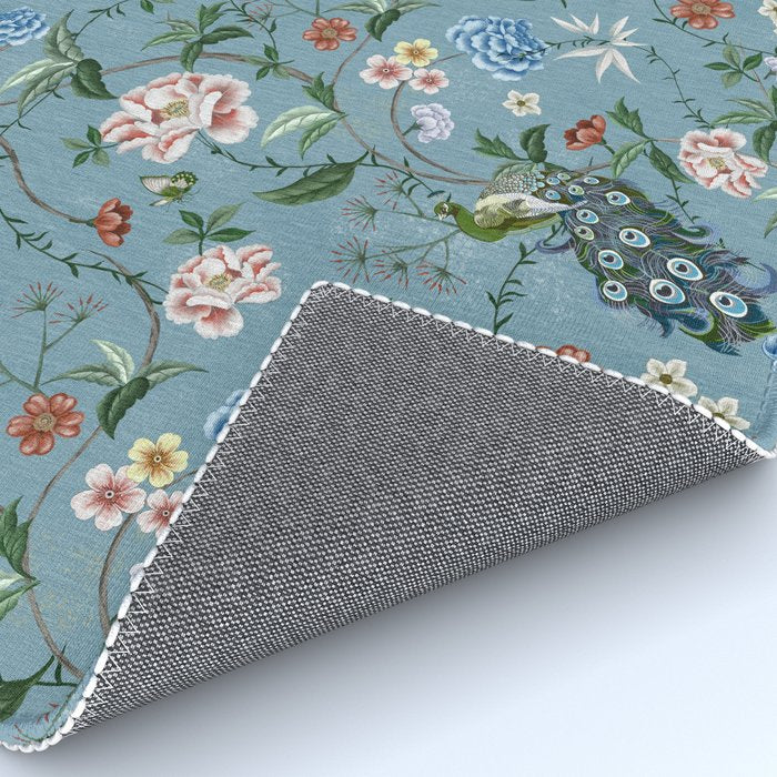 Chinoiserie Peacock teal greens florals oriental Rug Gallery Image 4
