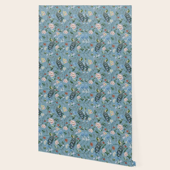 Chinoiserie Peacock teal greens florals oriental Wallpaper Gallery Image 2