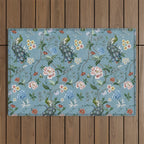 Chinoiserie Peacock teal greens florals oriental Outdoor Rug Gallery Image 1