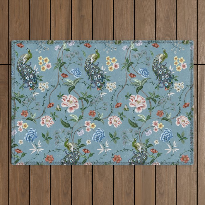 Chinoiserie Peacock teal greens florals oriental Outdoor Rug Gallery Image 1