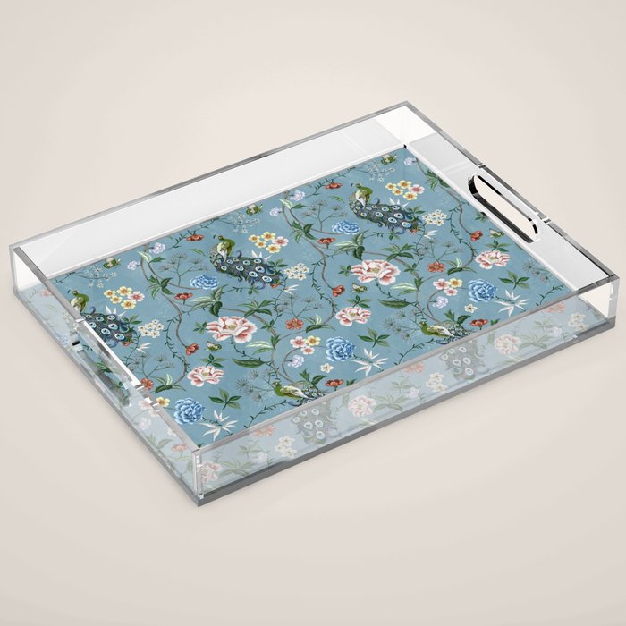 Chinoiserie Peacock teal greens florals oriental Acrylic Tray Gallery Image 1