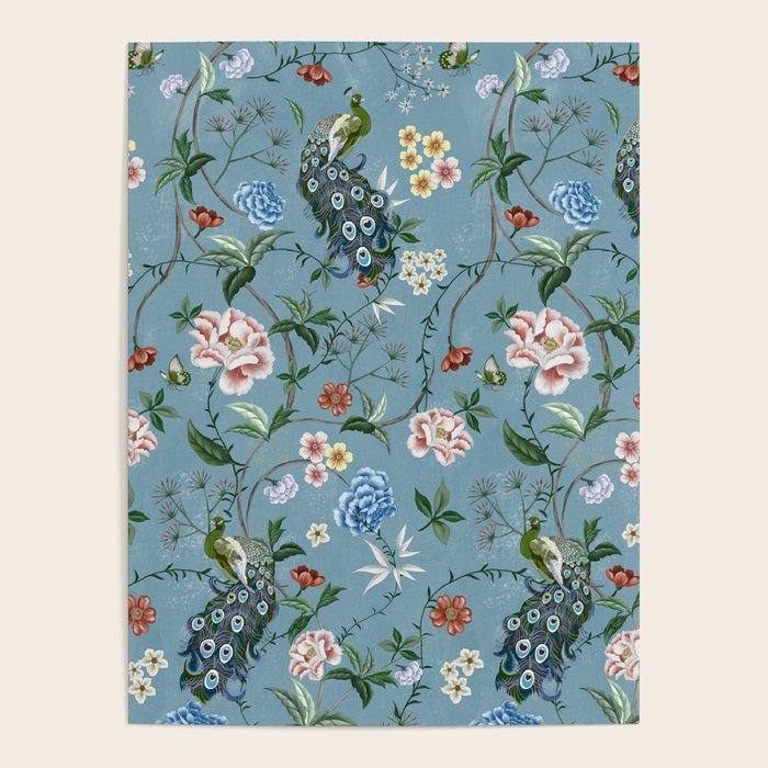 Chinoiserie Peacock teal greens florals oriental Poster Gallery Image 1