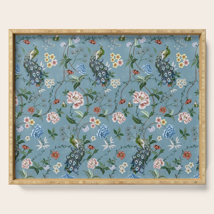 Chinoiserie Peacock teal greens florals oriental Serving Tray Gallery Image 1