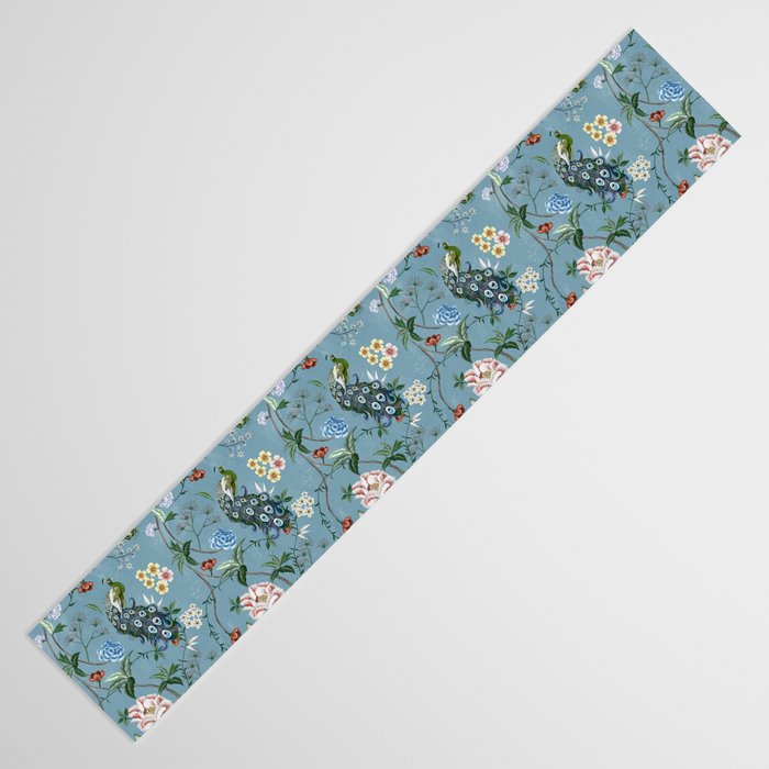 Chinoiserie Peacock teal greens florals oriental Table Runner Gallery Image 3
