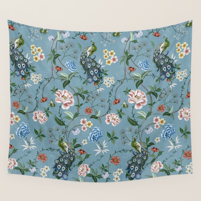 Chinoiserie Peacock teal greens florals oriental Wall Tapestry Gallery Image 4