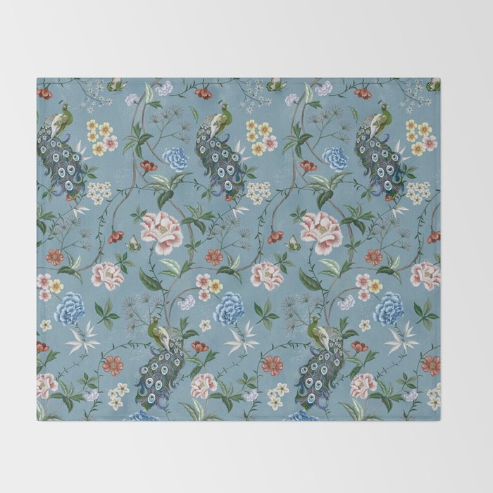 Chinoiserie Peacock teal greens florals oriental Throw Blanket Gallery Image 2