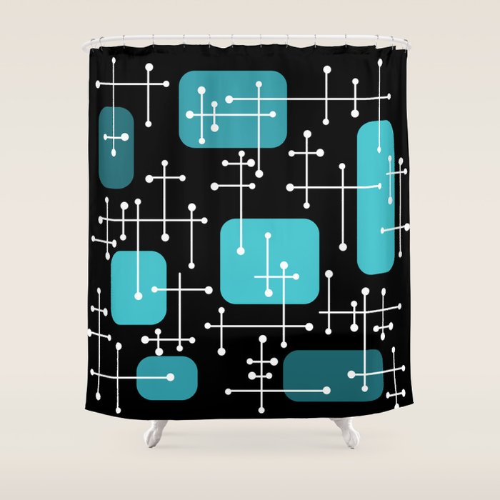 1950s Eames Era Art Crosshairs Black Teal Blue Shower Curtain Gallery Image 1