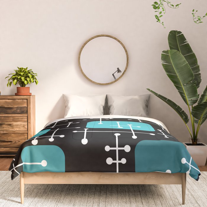1950s Eames Era Art Crosshairs Black Teal Blue Comforter Gallery Image 3